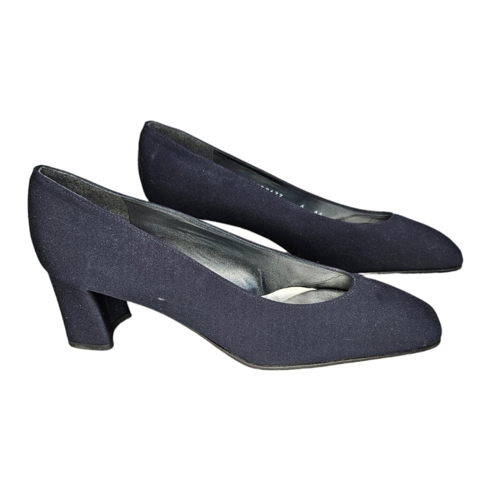 Stuart‎ Weitzman Navy Blue Fabric Pumps 6 AA NARROW Block Heel Square Toe Career